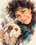 Watercolour portrait of Alexa Camden with her dog